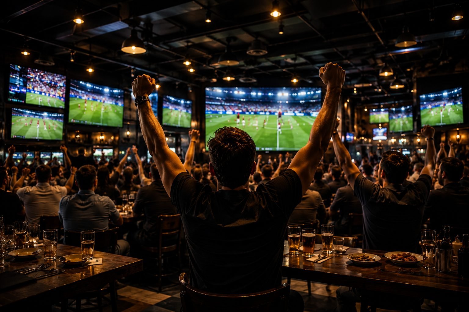 Fans celebrating with raised fists at TOSS Sports Lounge, giant screens showing live match