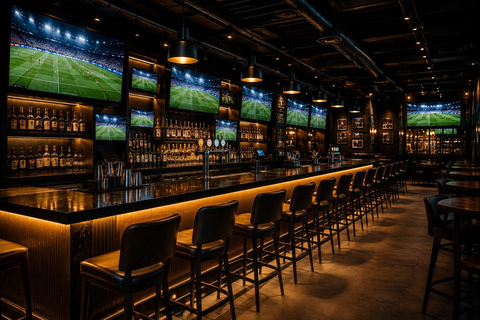 TOSS Sports Lounge premium bar with multiple match screens and warm gold lighting